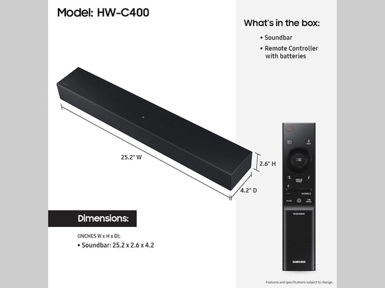 Samsung 2 Channel Bluetooth Wireless Sound Bar w/Built-In Woofer HW-C400